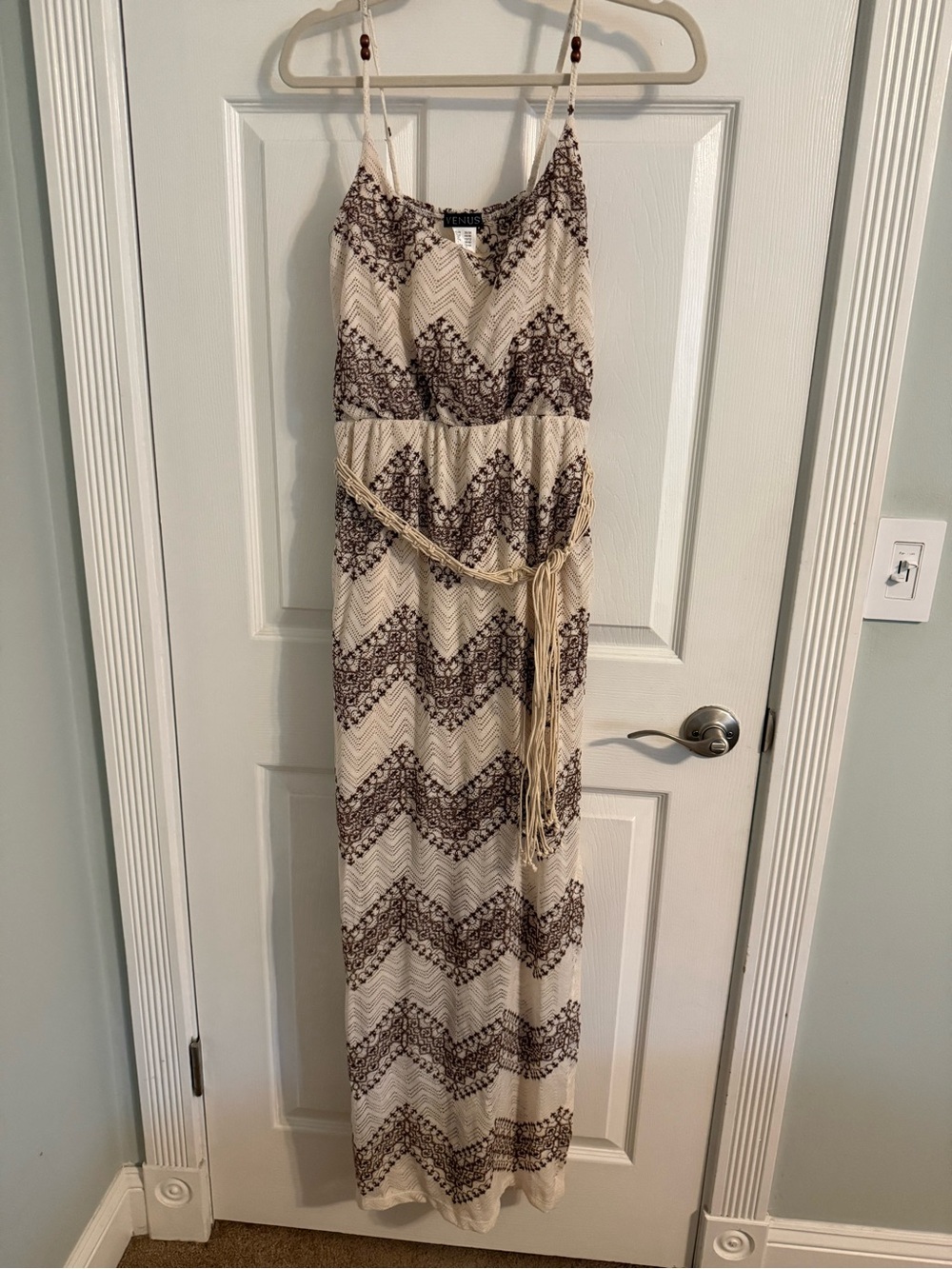 VENUS Cream and Brown Chevron Maxi Dress with Tassel Waist